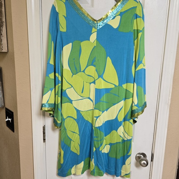 Lilly Pullitzer Leaf Resort 70's Inspired Sequins V-Neck Bell Sleeve Dress Large - Picture 4 of 7